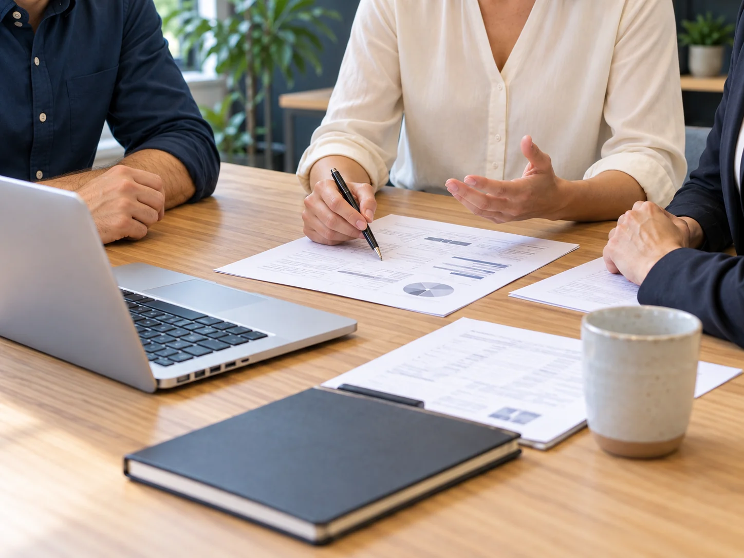 Koordinatorin stimmt Aufgaben und Informationen mit zwei Gesprächspartnern im Büro ab